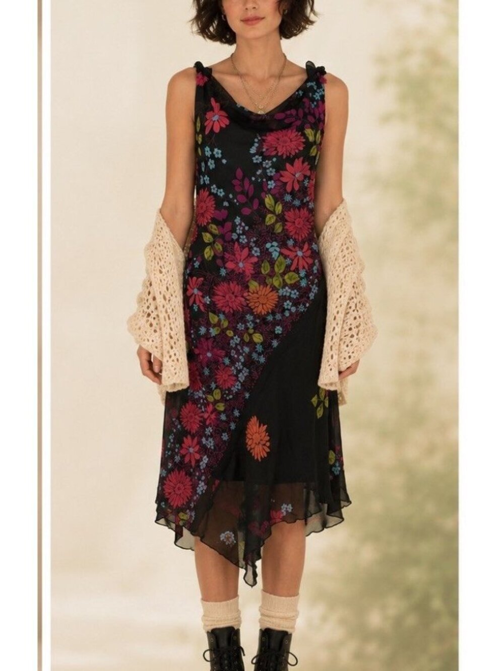 VTG Womens Black Floral Dress Cottagecore Whimsigoth Feminine Grunge Dainty S10